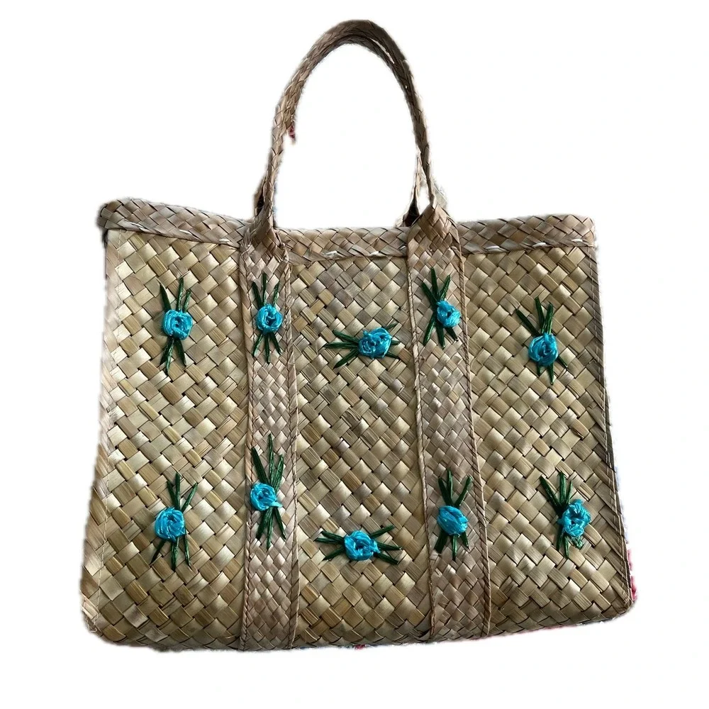 Vintage 70s Woven Straw Tote Bag Turquoise Floral Embroidery Beach Chic Resort